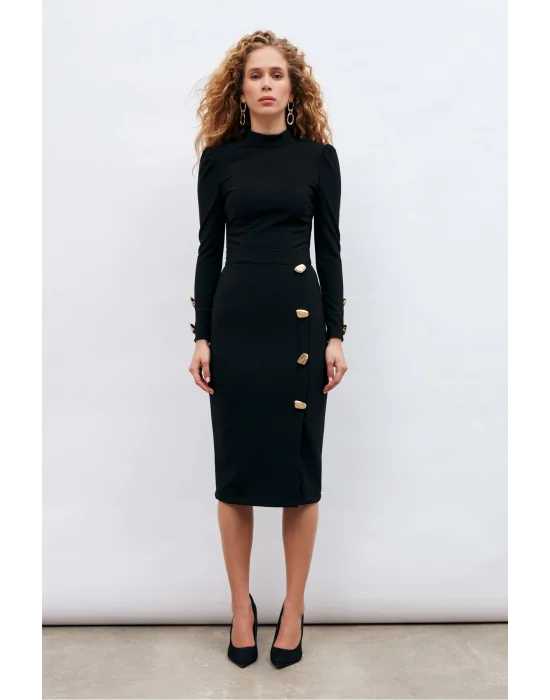 Düğme Detaylı Kalem Etek Şık Siyah