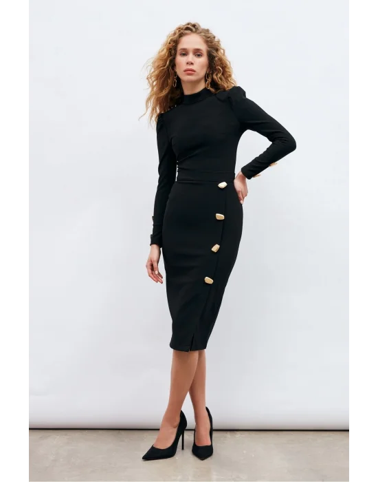 Düğme Detaylı Kalem Etek Şık Siyah