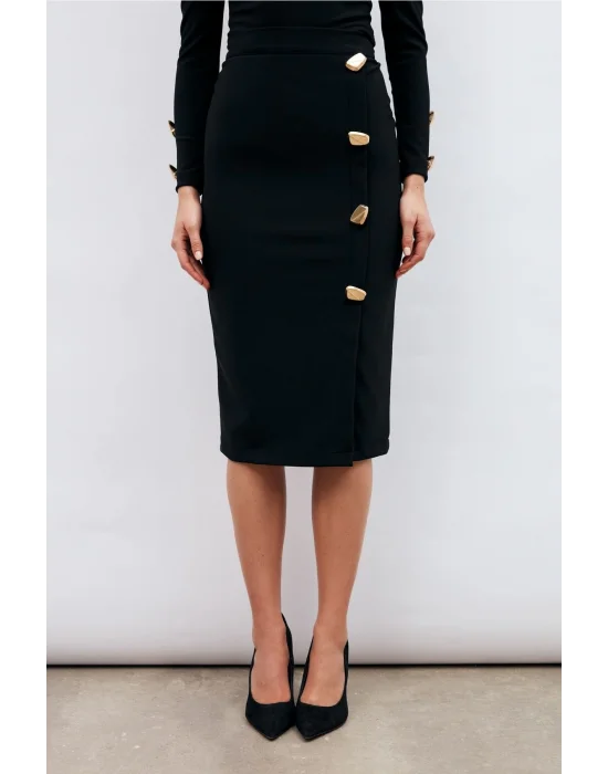 Düğme Detaylı Kalem Etek Şık Siyah