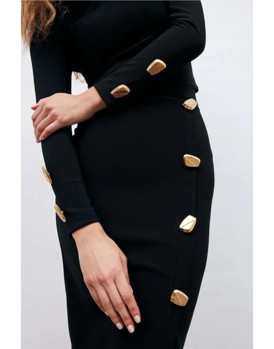 Düğme Detaylı Kalem Etek Şık Siyah