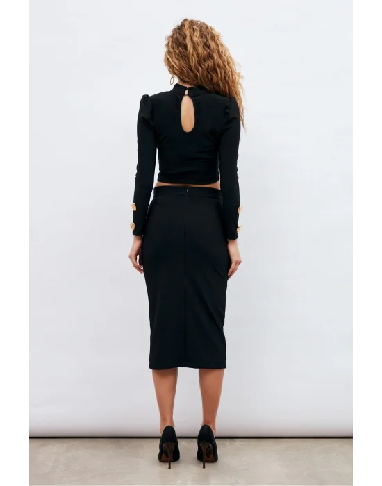 Düğme Detaylı Kalem Etek Şık Siyah
