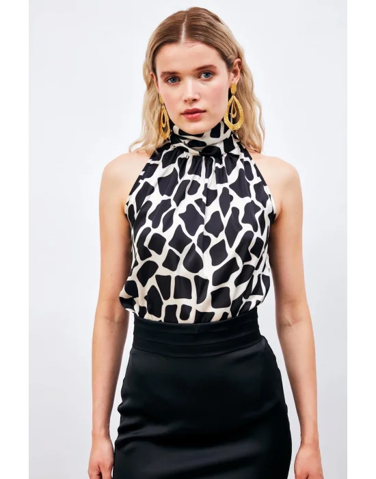 Desenli Kolsuz Bluz - SİYAH