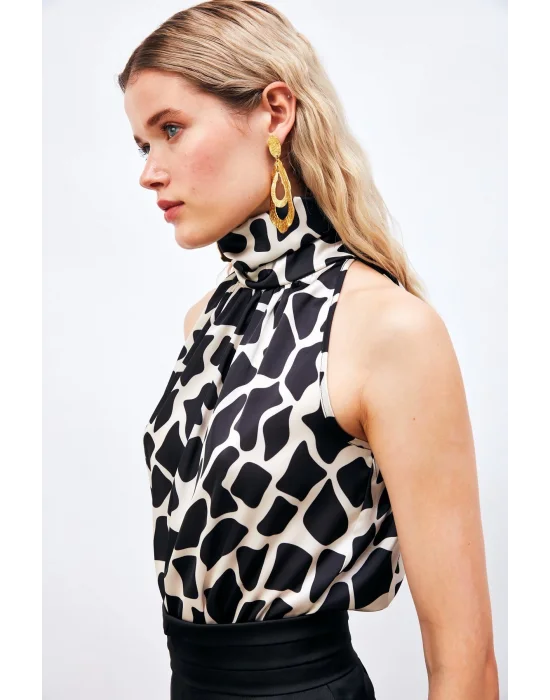 Desenli Kolsuz Bluz - SİYAH