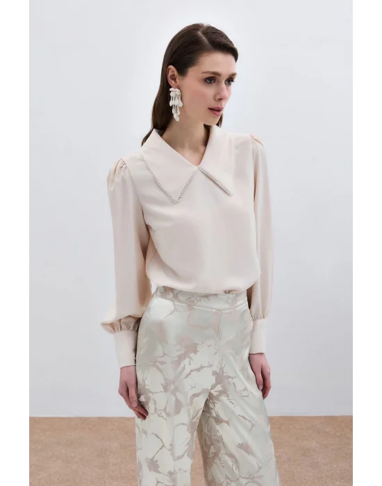İnci Yakalı Bluz - Bej