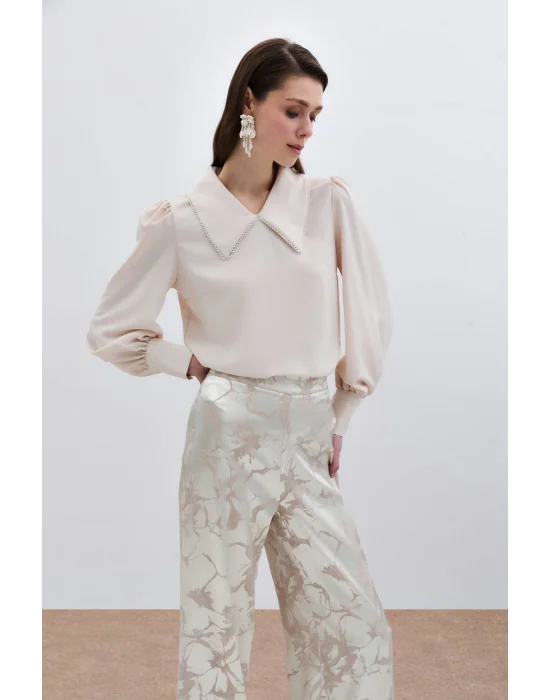 İnci Yakalı Bluz - Bej