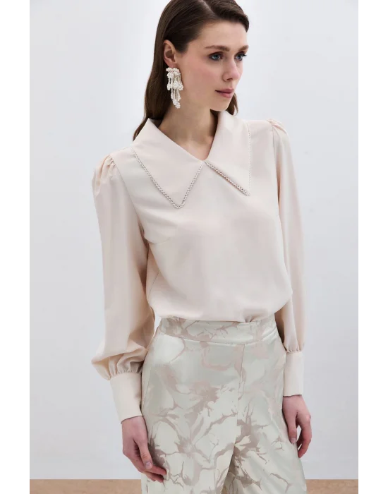 İnci Yakalı Bluz - Bej