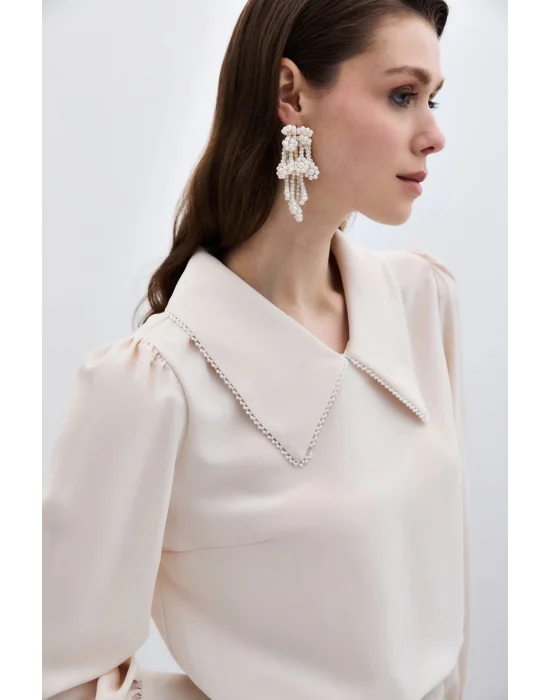 İnci Yakalı Bluz - Bej