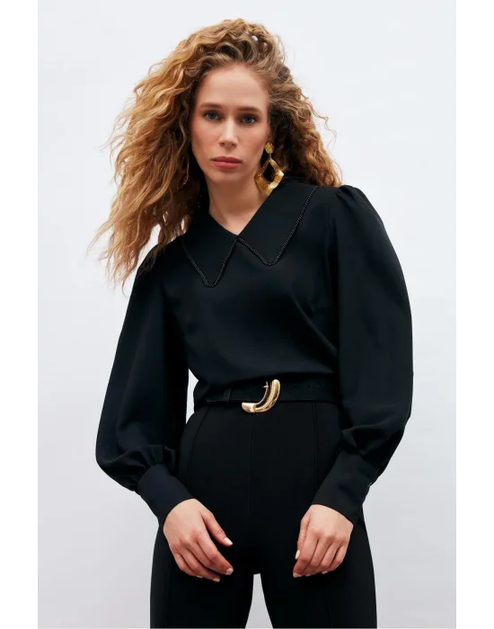İnci Yakalı Bluz - Siyah