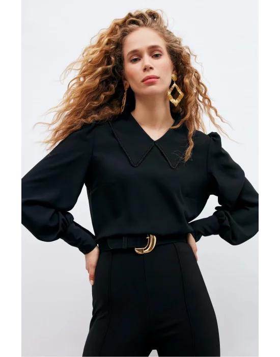 İnci Yakalı Bluz - Siyah