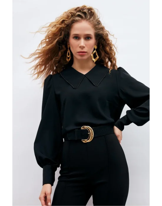 İnci Yakalı Bluz - Siyah
