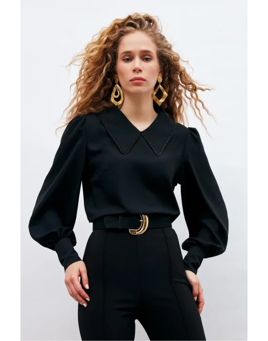 İnci Yakalı Bluz - Siyah