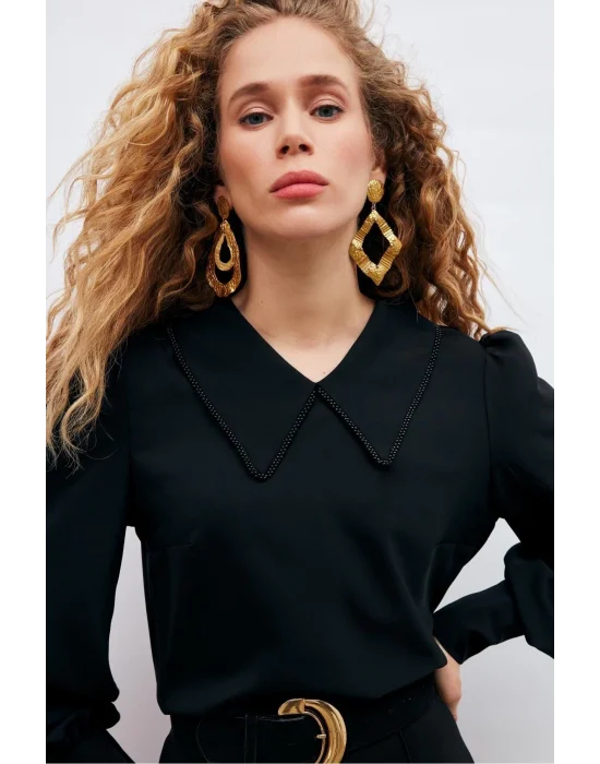 İnci Yakalı Bluz - Siyah