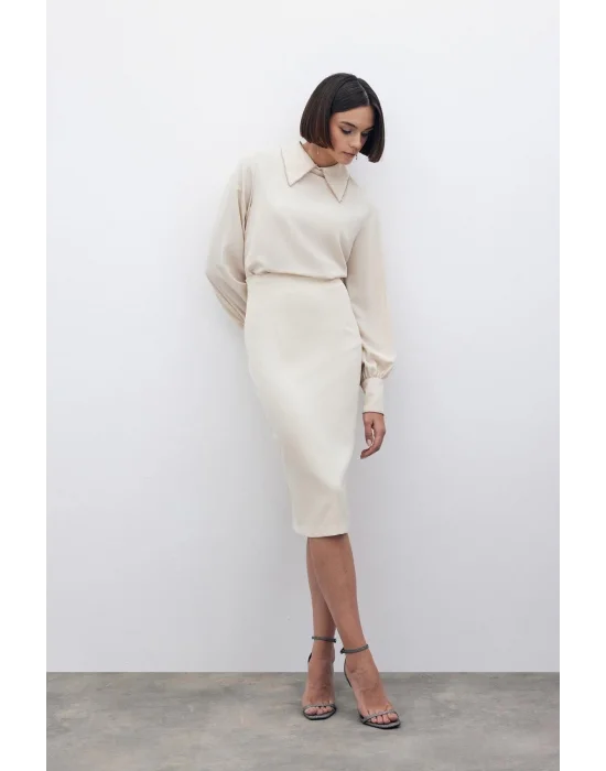Düz Kalem Etek - Bej