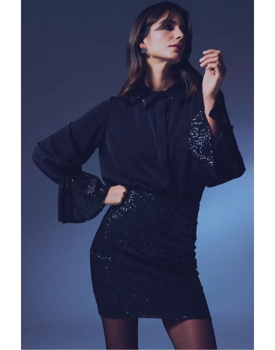 Payetli Mini Etek - SİYAH