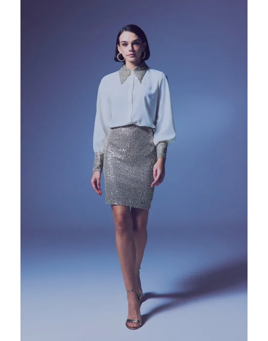 Payetli Mini Etek - Bej