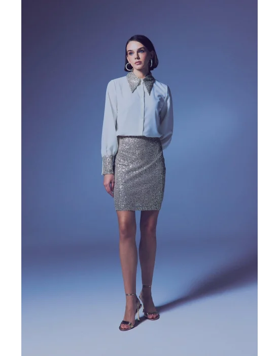 Payetli Mini Etek - Bej