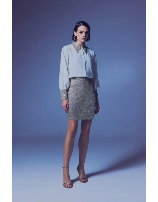 Payetli Mini Etek - Bej