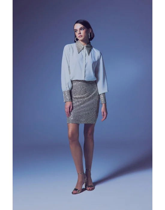 Payetli Mini Etek - Bej