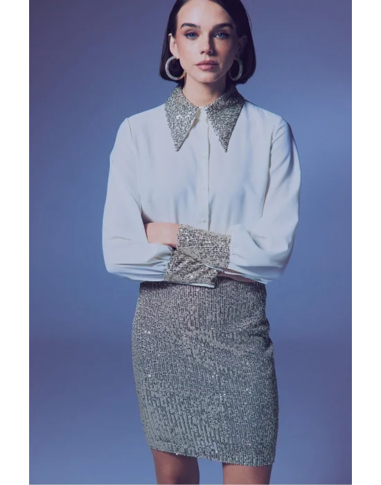 Payetli Mini Etek - Bej