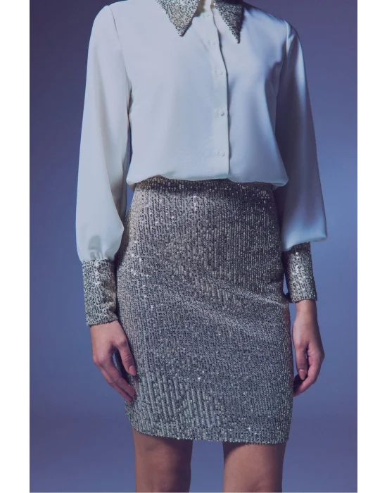 Payetli Mini Etek - Bej