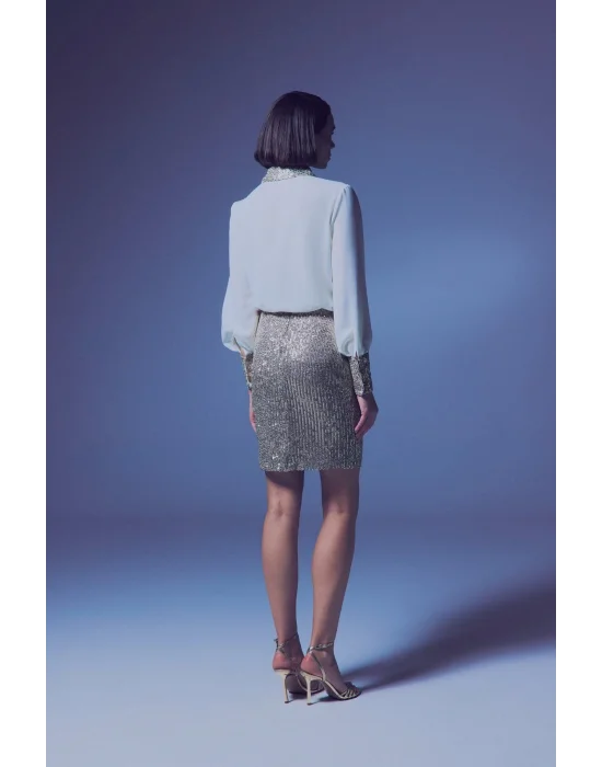 Payetli Mini Etek - Bej