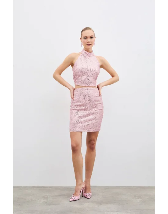 Payetli Mini Etek - Pudra