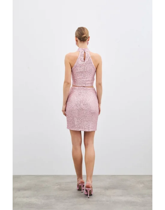 Payetli Mini Etek - Pudra