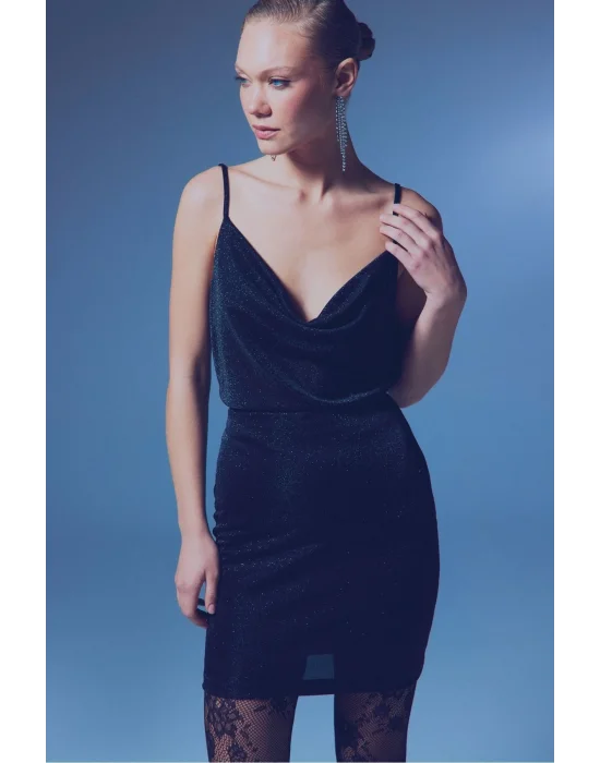 Simli Degaje Yaka Bluz - SİYAH