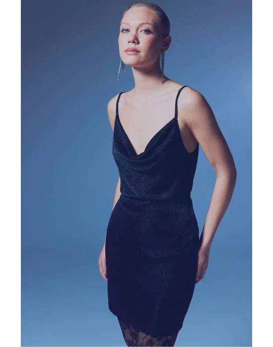 Simli Degaje Yaka Bluz - SİYAH