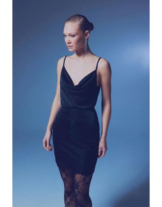 Simli Degaje Yaka Bluz - SİYAH