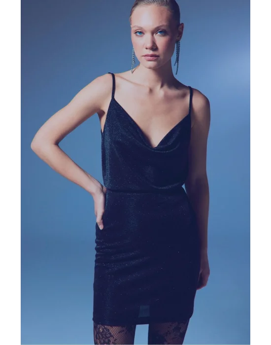 Simli Degaje Yaka Bluz - SİYAH