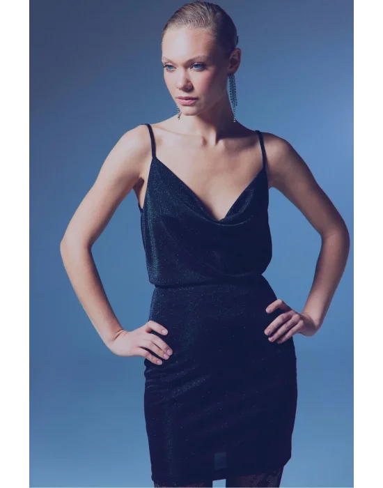 Simli Degaje Yaka Bluz - SİYAH