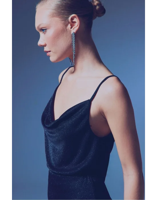 Simli Degaje Yaka Bluz - SİYAH