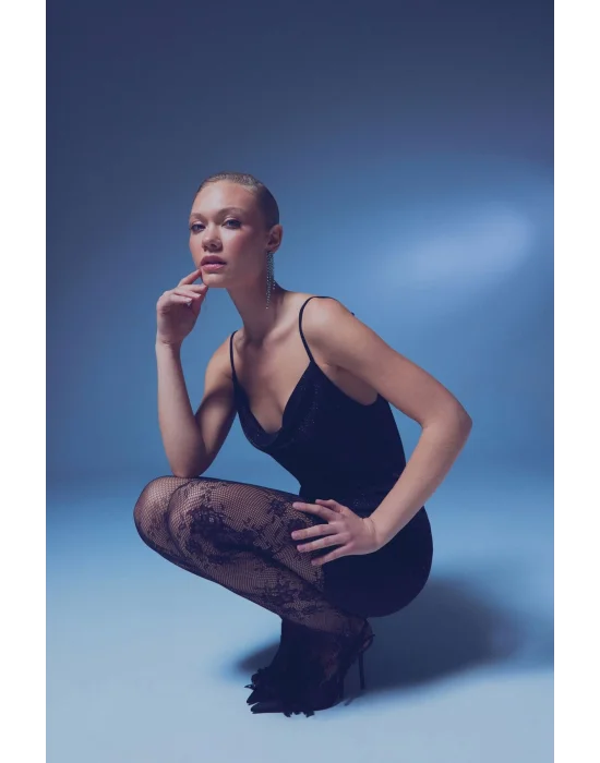 Simli Degaje Yaka Bluz - SİYAH