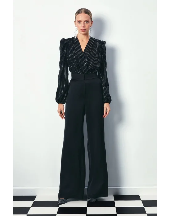 Parlak Çizgili Bodysuit Bluz - SİYAH