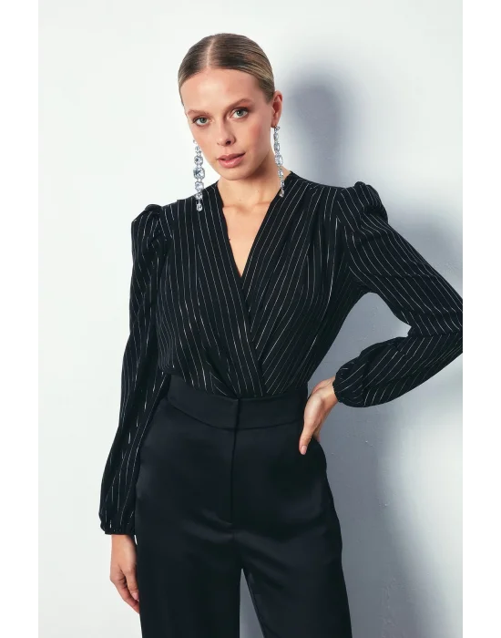 Parlak Çizgili Bodysuit Bluz - SİYAH