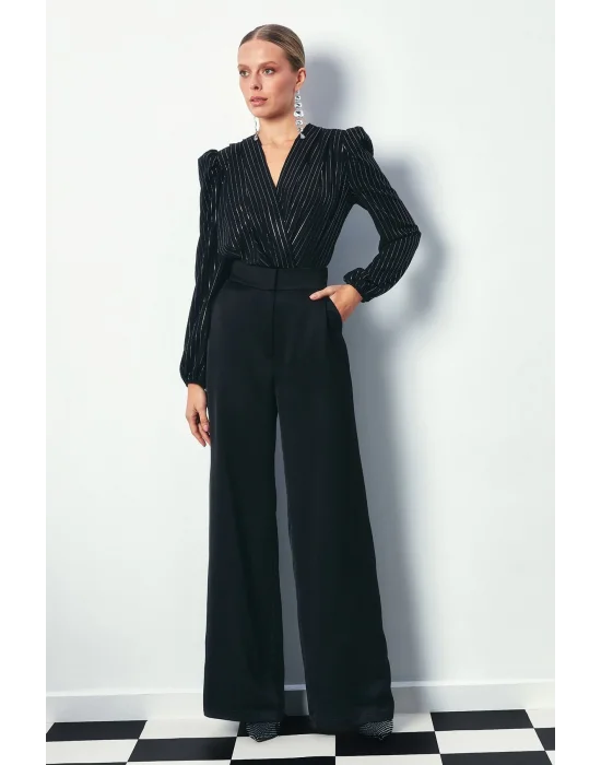 Parlak Çizgili Bodysuit Bluz - SİYAH