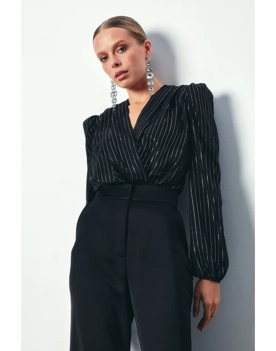 Parlak Çizgili Bodysuit Bluz - SİYAH