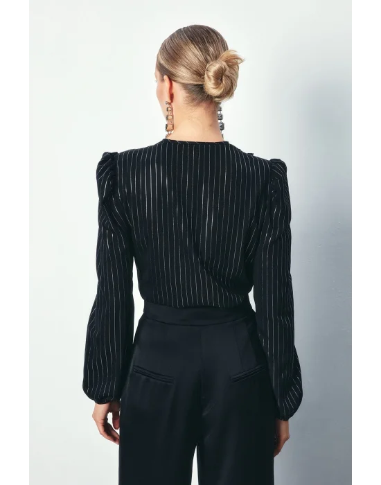 Parlak Çizgili Bodysuit Bluz - SİYAH