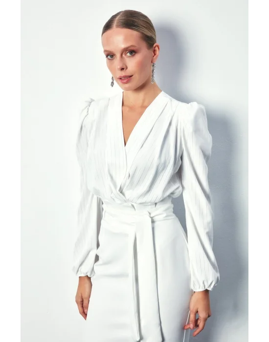 Parlak Çizgili Bodysuit Bluz - Ekru