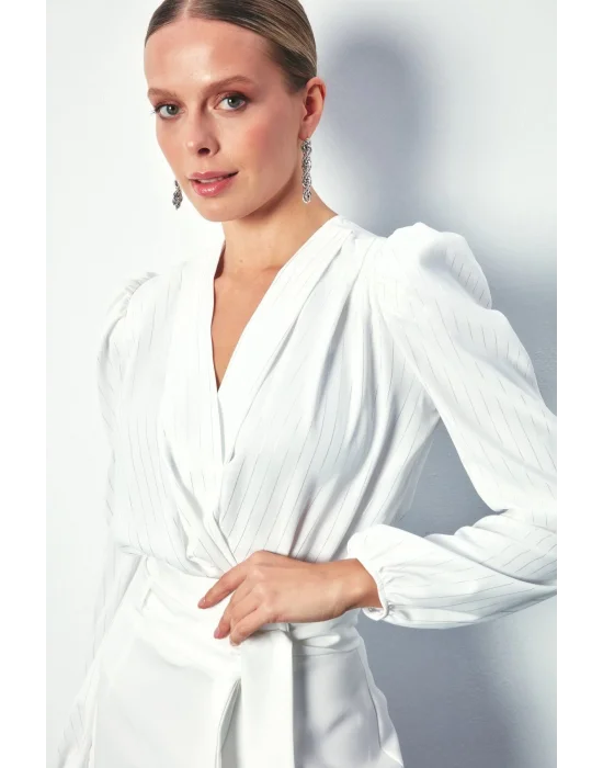 Parlak Çizgili Bodysuit Bluz - Ekru