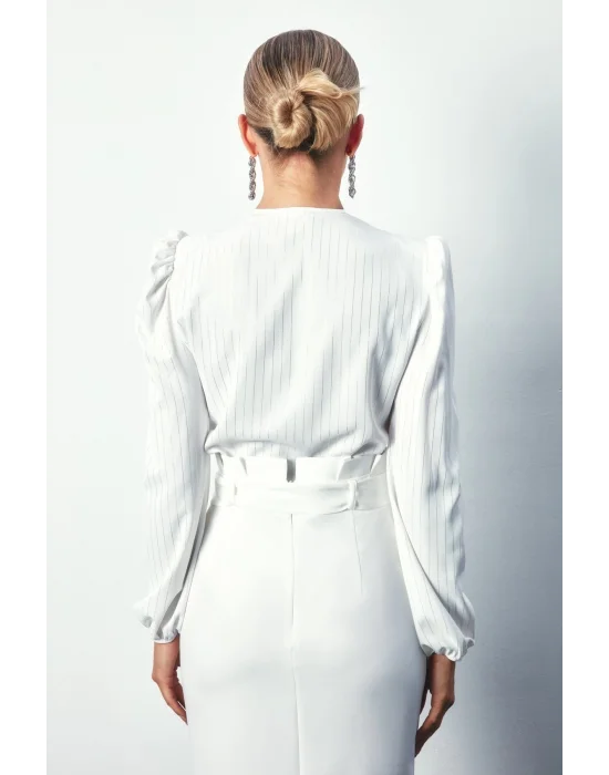 Parlak Çizgili Bodysuit Bluz - Ekru