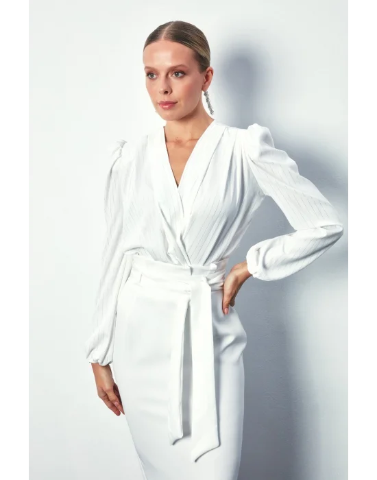 Parlak Çizgili Bodysuit Bluz - Ekru