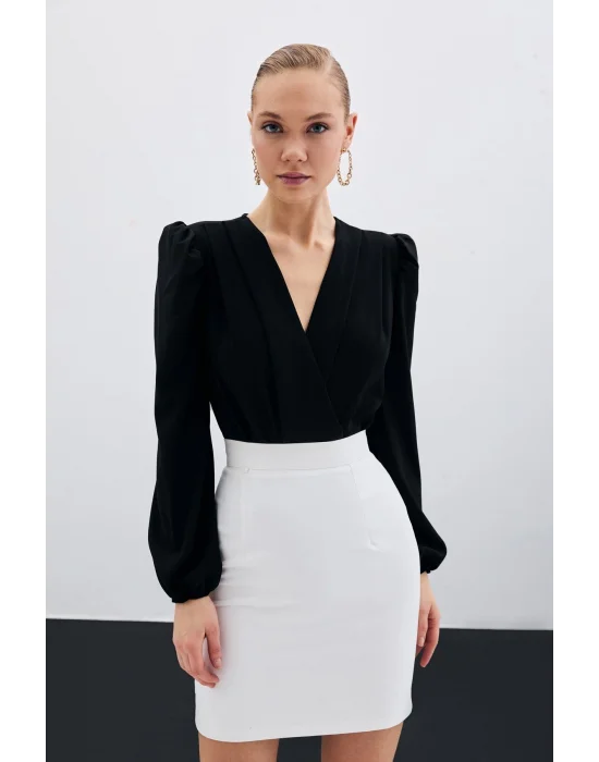 Kruvaze Vatkalı Bodysuit - Siyah