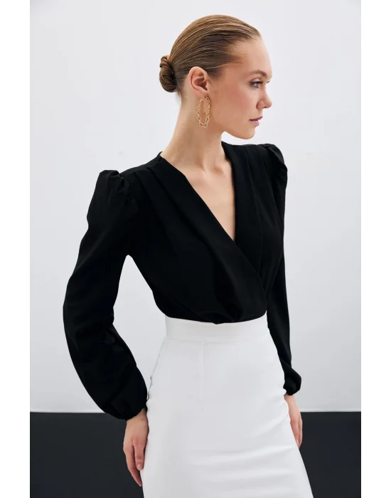 Kruvaze Vatkalı Bodysuit - Siyah