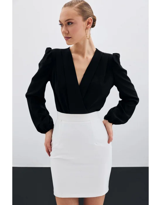 Kruvaze Vatkalı Bodysuit - Siyah