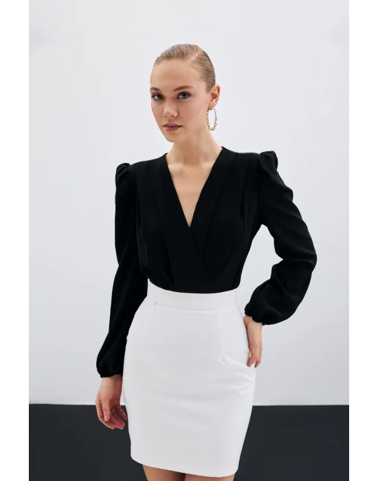 Kruvaze Vatkalı Bodysuit - Siyah