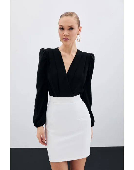 Kruvaze Vatkalı Bodysuit - Siyah