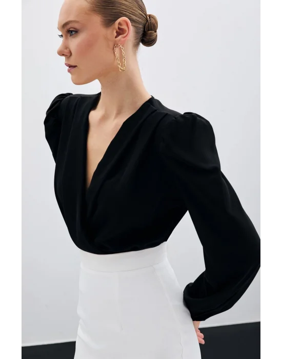 Kruvaze Vatkalı Bodysuit - Siyah