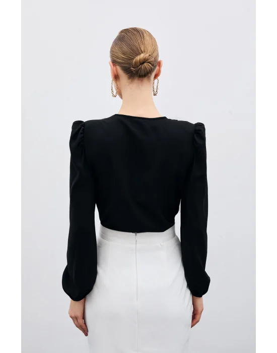 Kruvaze Vatkalı Bodysuit - Siyah